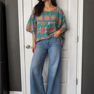 Bohemian Floral Boxy Top in Teal and Pink
